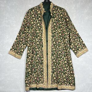 Embroidered Coat, Long Woolen Jacket, Multicolor on Black 40” Indian Women Large